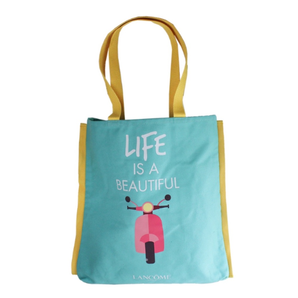 🆕 Lancôme Life is a Beautiful Ride Scooter Tote Bag Turquoise Blue Yellow New! - Picture 1 of 2